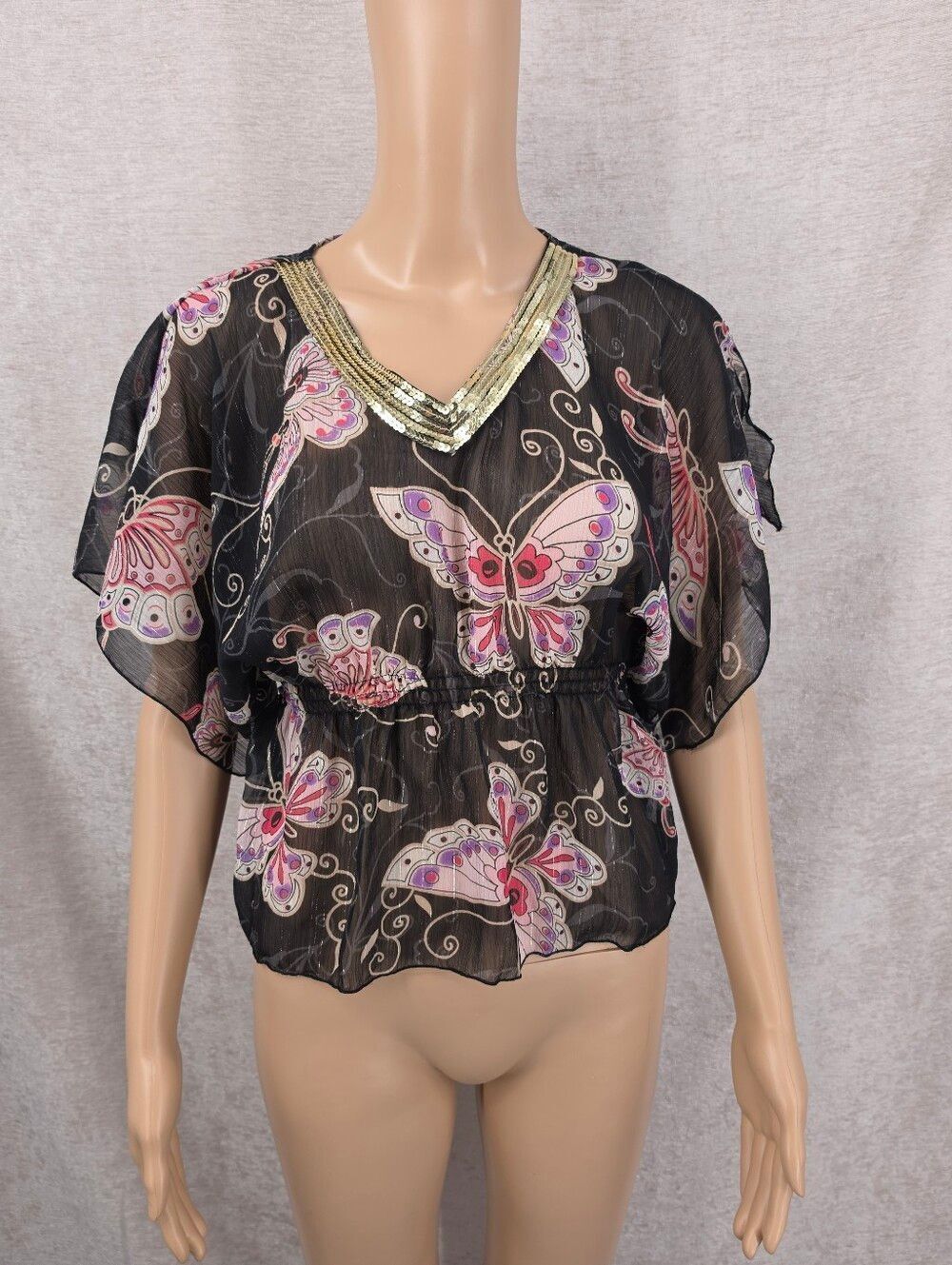 Y2K Mary Kate & Ashley Sheer Black Butterfly Print V-Neck Flutter Sleeve Top
